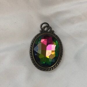 Handcrafted Rainbow Rhinestone Oval Pendant Bronze Aurora Borealis Look